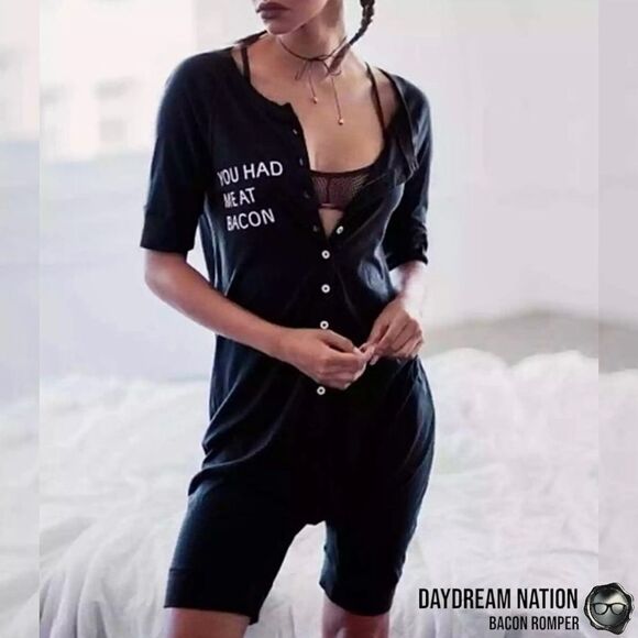 DAYDREAM NATION BACON ROMPER UNION SUIT IN BLACK COTTON/MODAL UNISEX SIZE SMALL - Picture 3 of 16